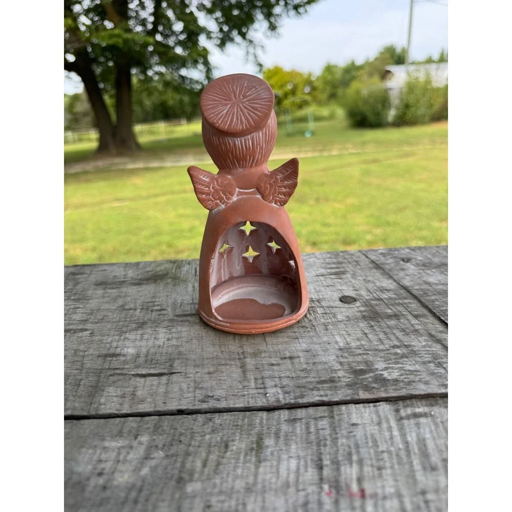 Terracotta Angel Candle Holder Tea Light Votive Star Cutouts Rustic Clay Decor